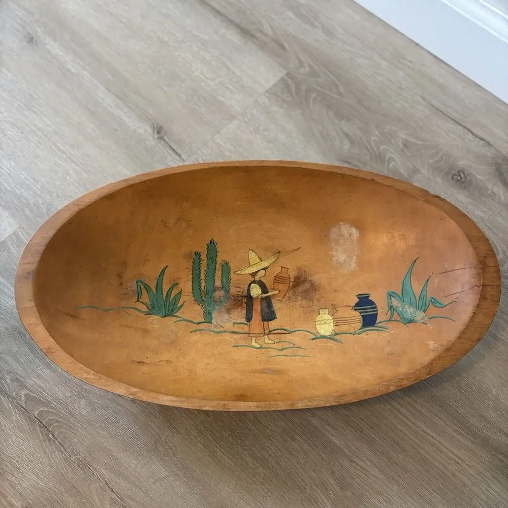 ⁠1930s VTG HandPainted Wood DoughBowl Mexican Southwestern Cactus 17